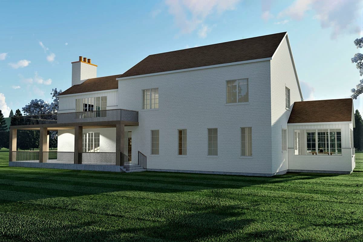 House plan exterior: Two-story modern home with white brick, covered porch, upper balcony, and sunroom.