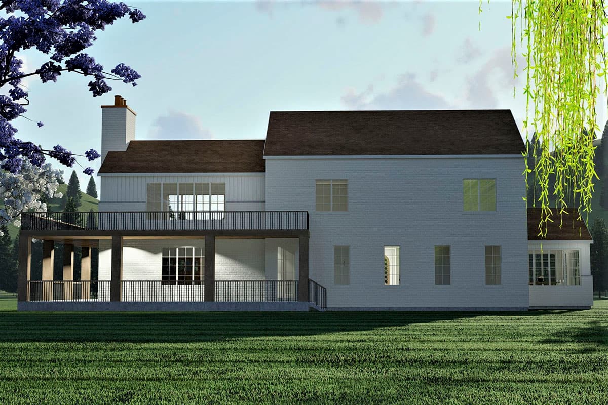 House plan exterior view of a two-story residence with a wrap-around porch, white brick siding, and multiple gables.