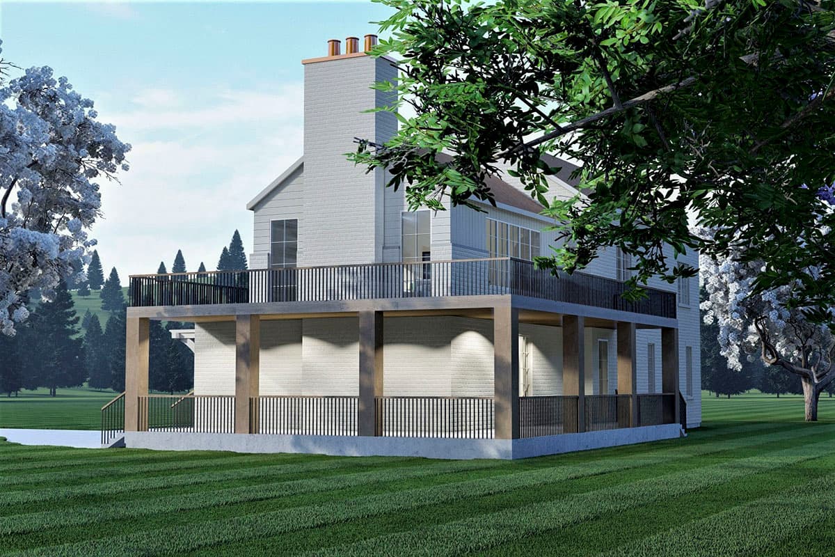 House plan exterior: two-story Modern Farmhouse with wrap-around porch, gables, and prominent brick chimney.