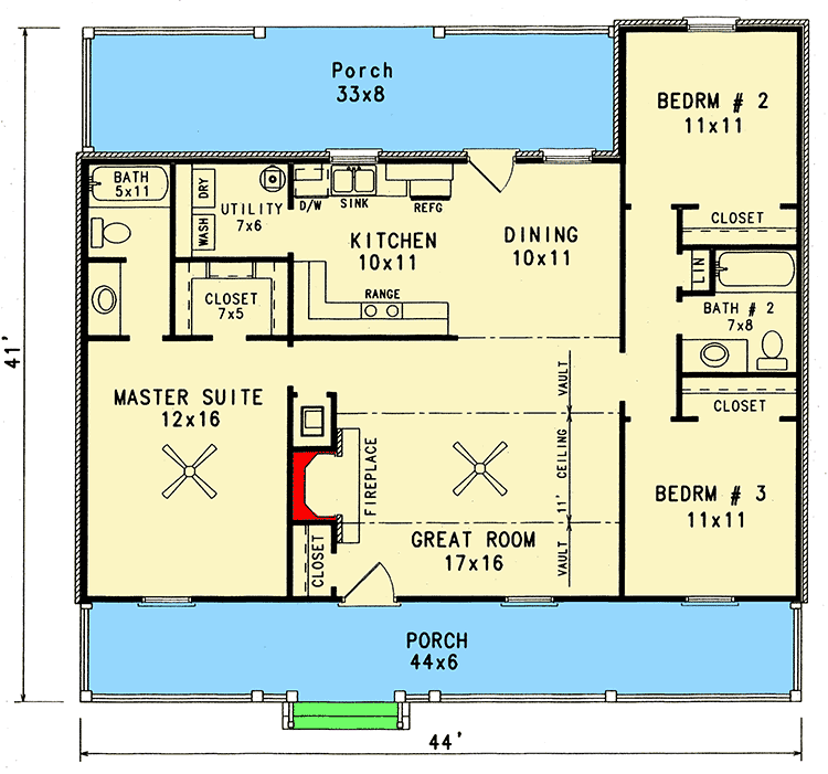 Plan 3435VL: Starter Home Plan With Two Covered Porches - 1277 Sq Ft - Floor Plan - Main Level - Cottage, Country, Vacation