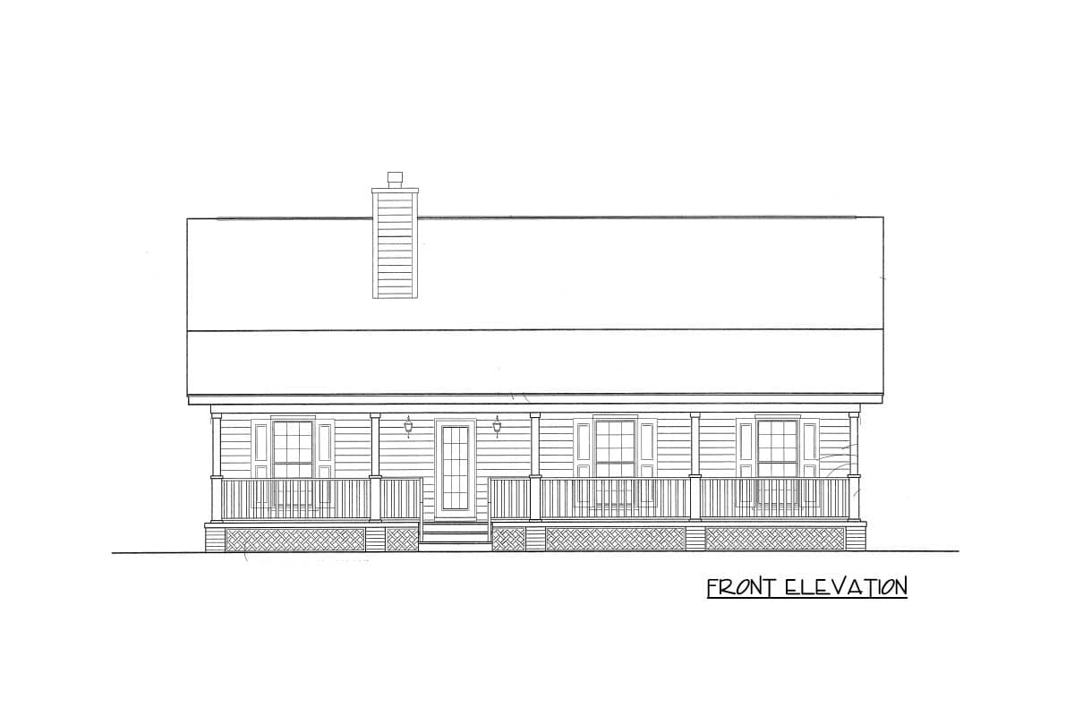 Front elevation of a single-story house plan with a full-width porch, multiple windows, and a chimney.