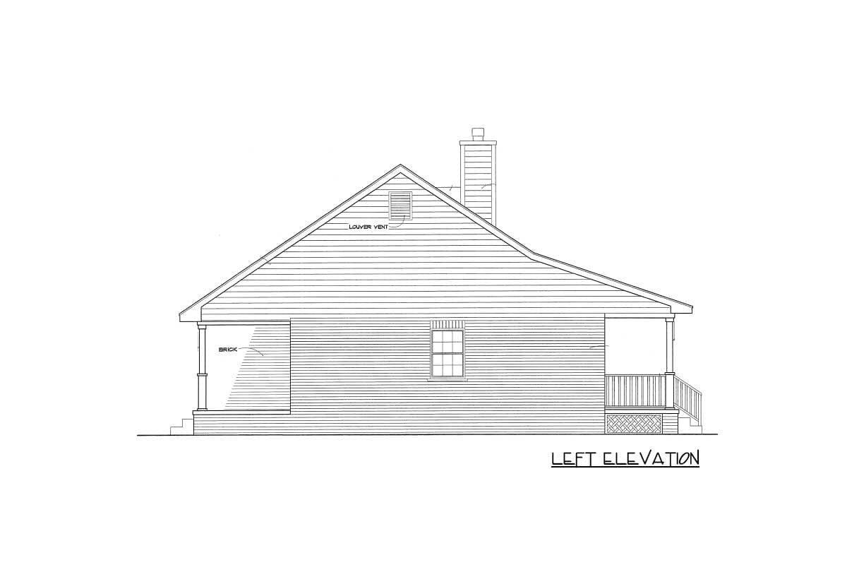 Left elevation house plan with horizontal siding, gabled roof, chimney, louver vent, one window, and covered porch.