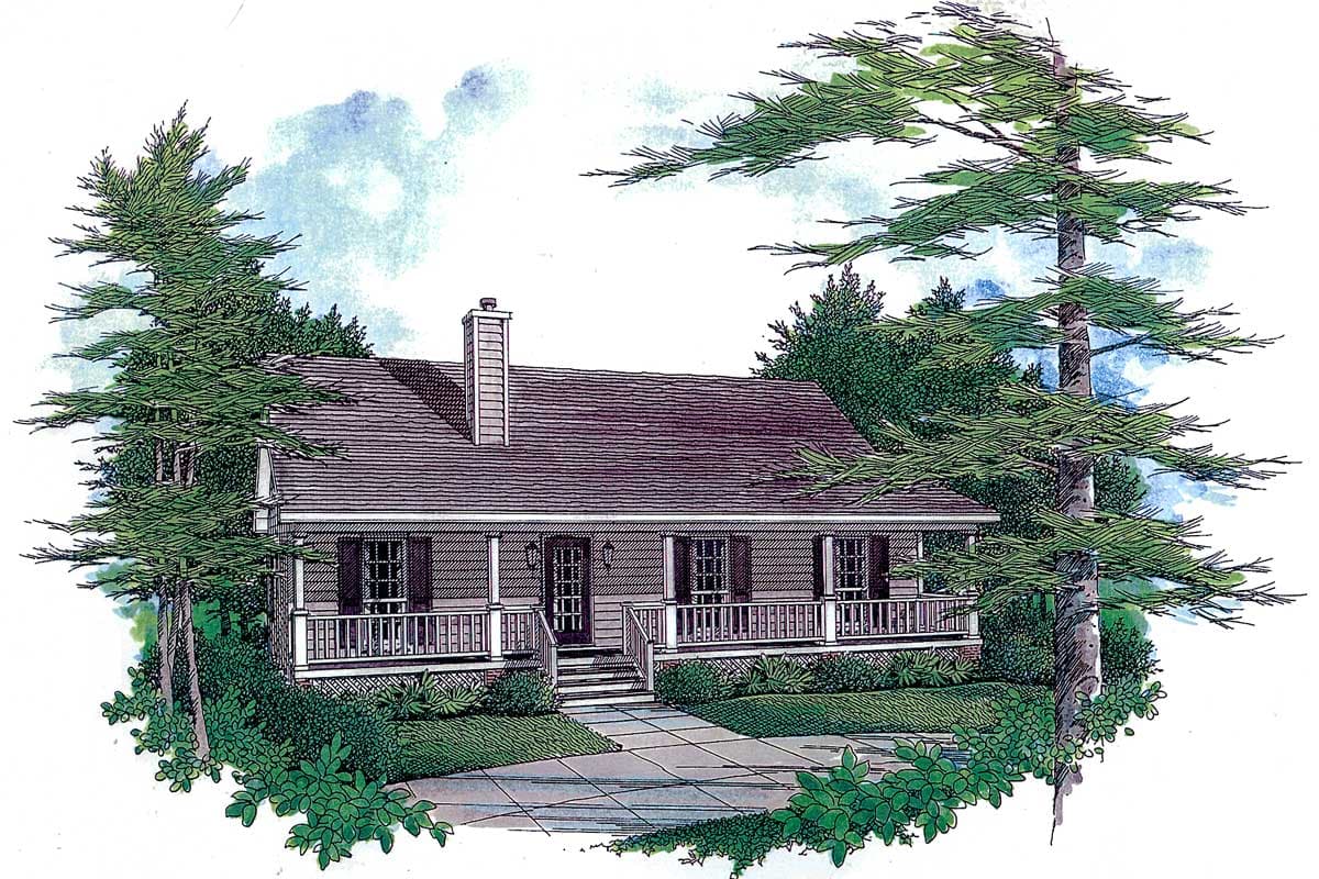 House plan exterior of a one-story cottage with a full-width front porch, central chimney, and shutters.