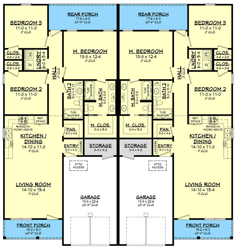 Plan 51923HZ: Country Craftsman Duplex House Plan with 3-Bed, 2-Bath Units Under 1300 Square Feet - Floor Plan - Main Level - Country, Craftsman, Modern Farmhouse, New American, Ranch, Traditional