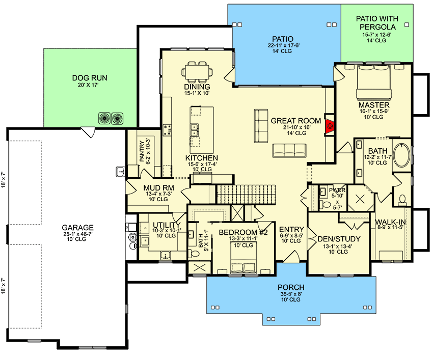 Plan 580029DFT: Transitional Ranch Plan with 4-Car Garage and Dog Run - Floor Plan - Main Level - Craftsman, New American, Ranch