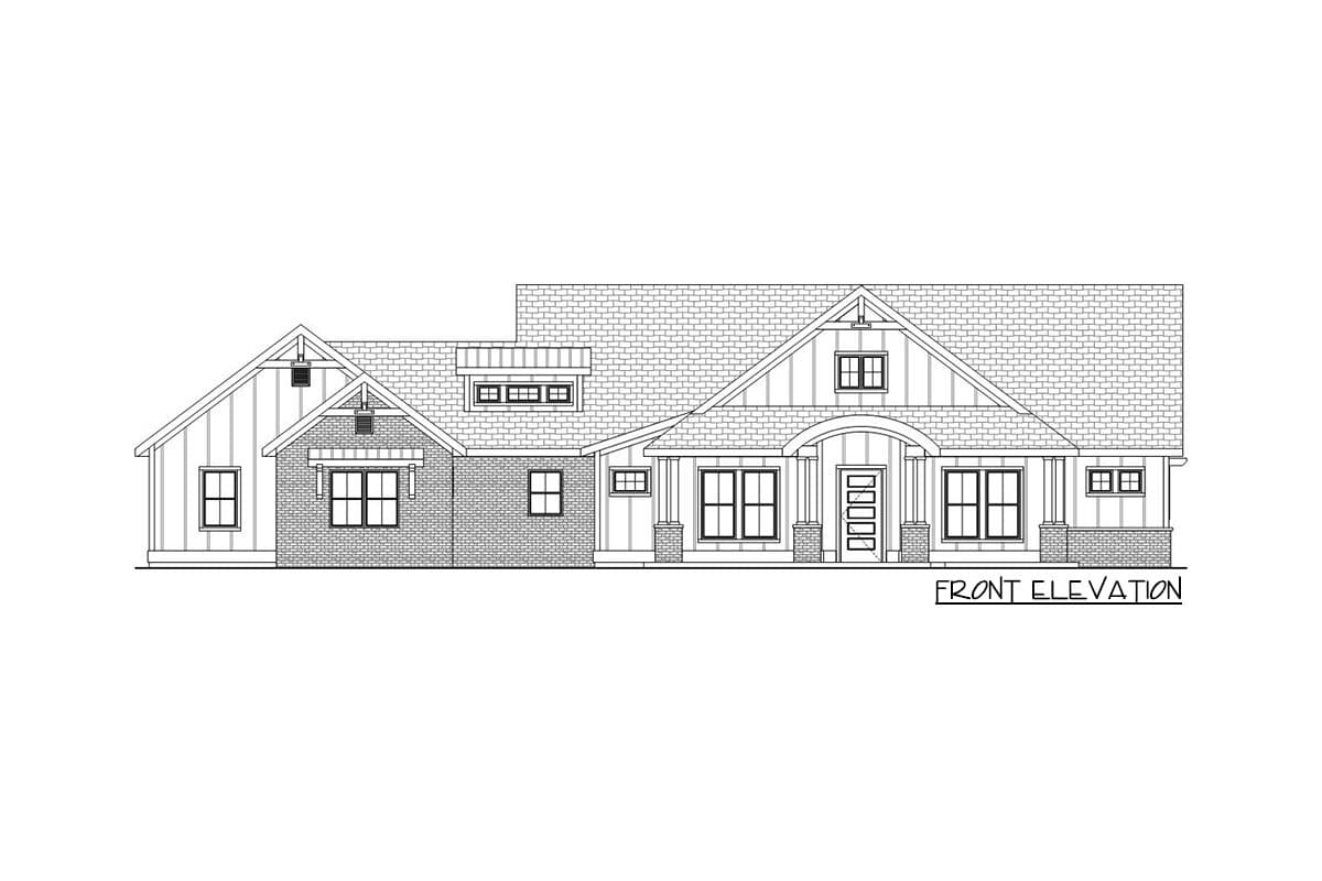 Front elevation drawing of a one-story house plan with gables, dormers, brick and vertical siding, and a covered porch.