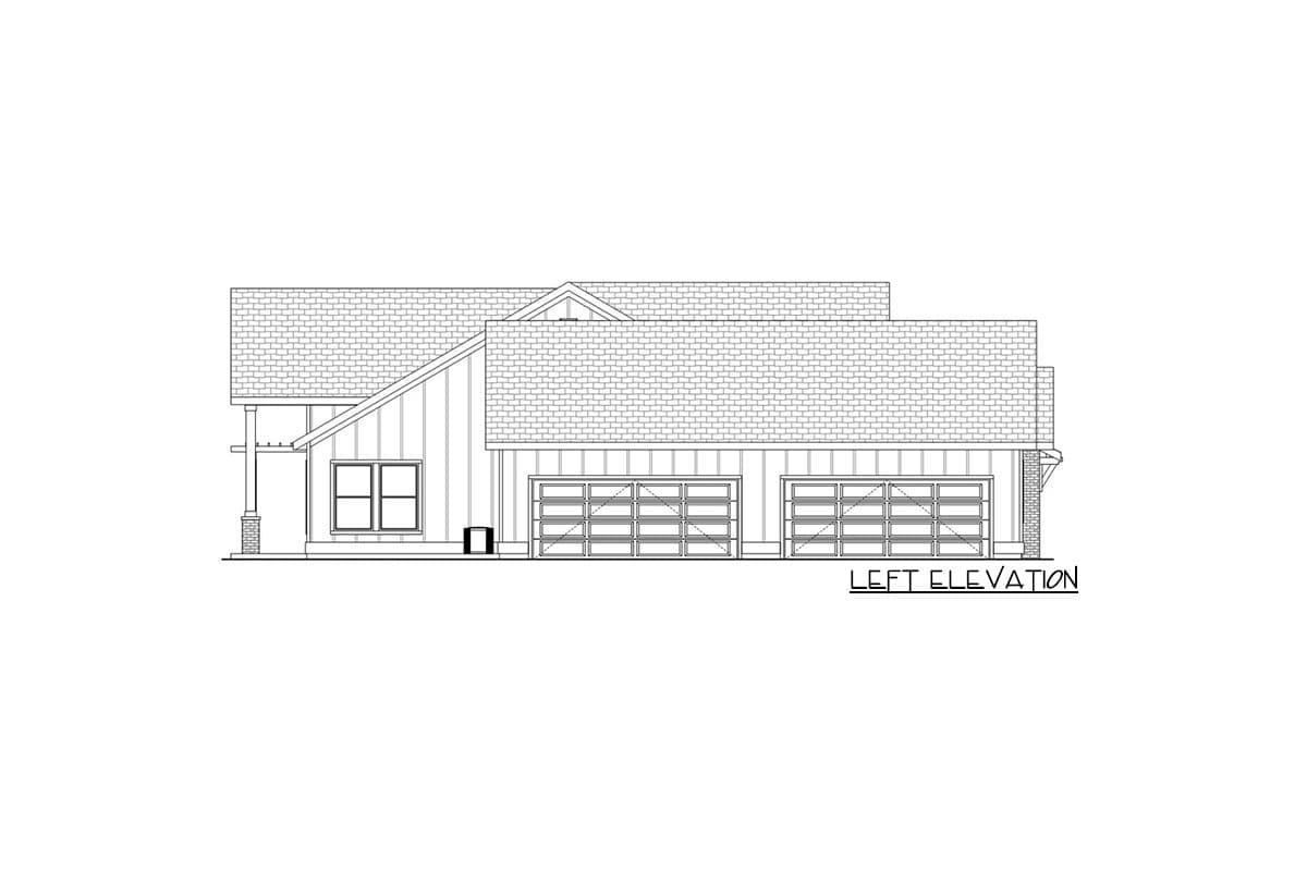 Left elevation house plan showing a two-car garage, board and batten siding, gable roof, and a covered entry.