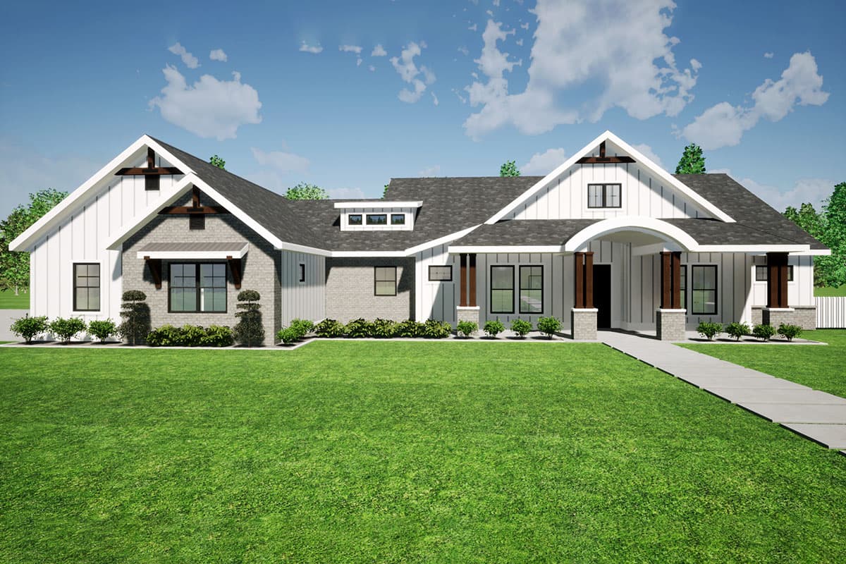House plan exterior. Modern Farmhouse style with board-and-batten siding, multiple gables, and a covered porch. Single-story structure.