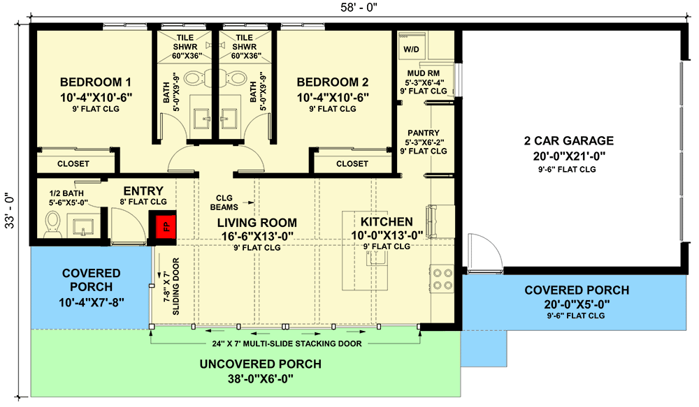 Plan 420055WNT: 2-Bed Modern Mountain Cabin with Glassed-in Living Room and 2-Car Garage - Floor Plan - Main Level - Cabin, Contemporary, Mid Century Modern, Modern, Mountain, New American, Ranch, Rustic