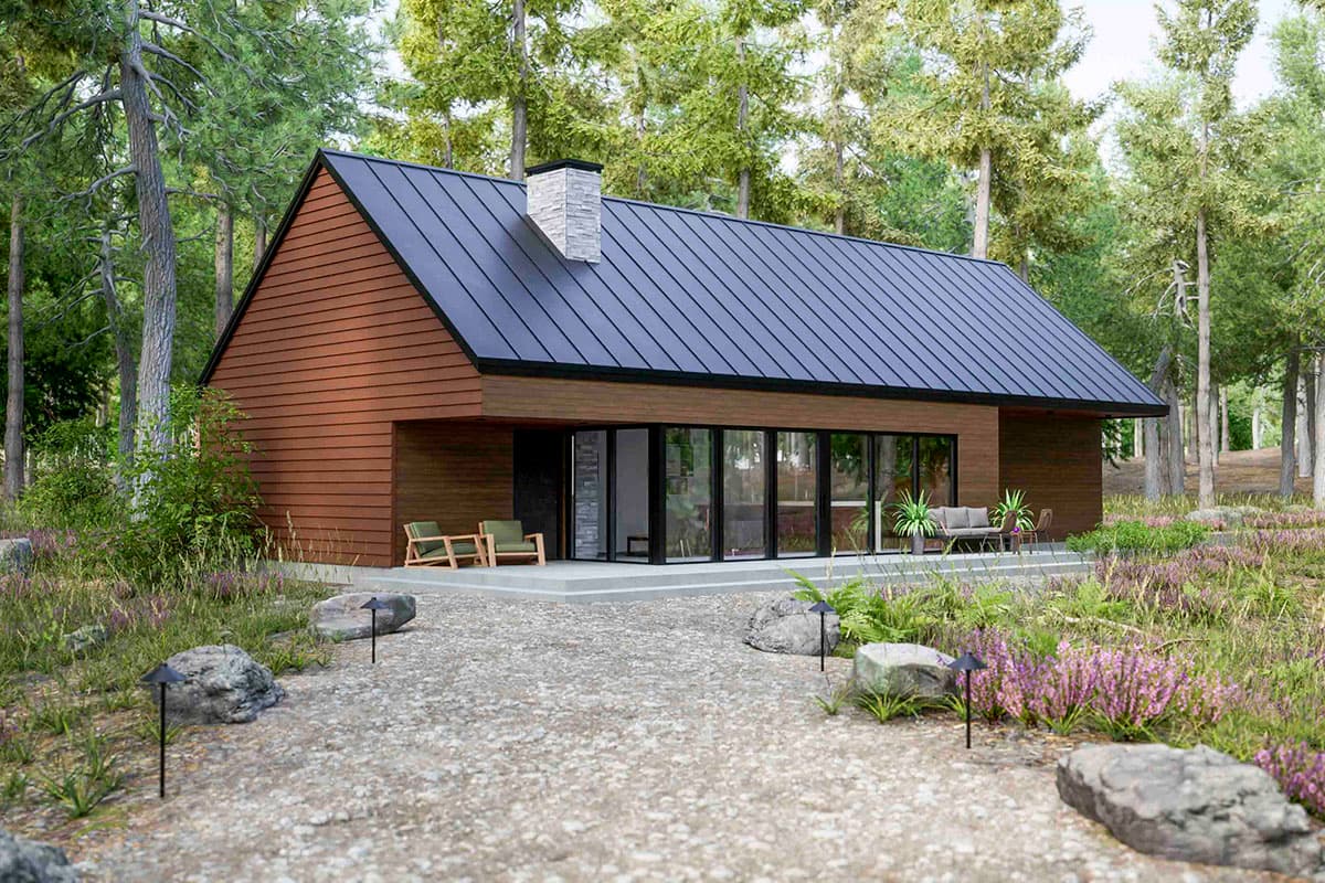 House plan exterior: Modern style, one story, gabled roof, stone chimney, wood siding, and large glass doors.