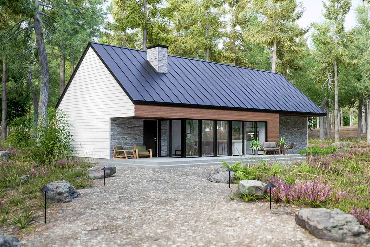 Modern house plan exterior with stone and wood facade, dark metal roof, large windows, and gabled end.