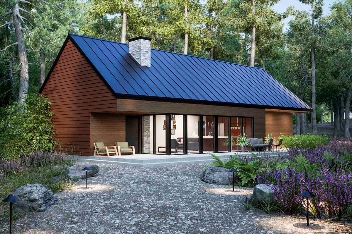 Plan 420055WNT: 2-Bed Modern Mountain Cabin with Glassed-in Living Room and 2-Car Garage - Image #4 - Cabin, Contemporary, Mid Century Modern, Modern, Mountain, New American, Ranch, Rustic