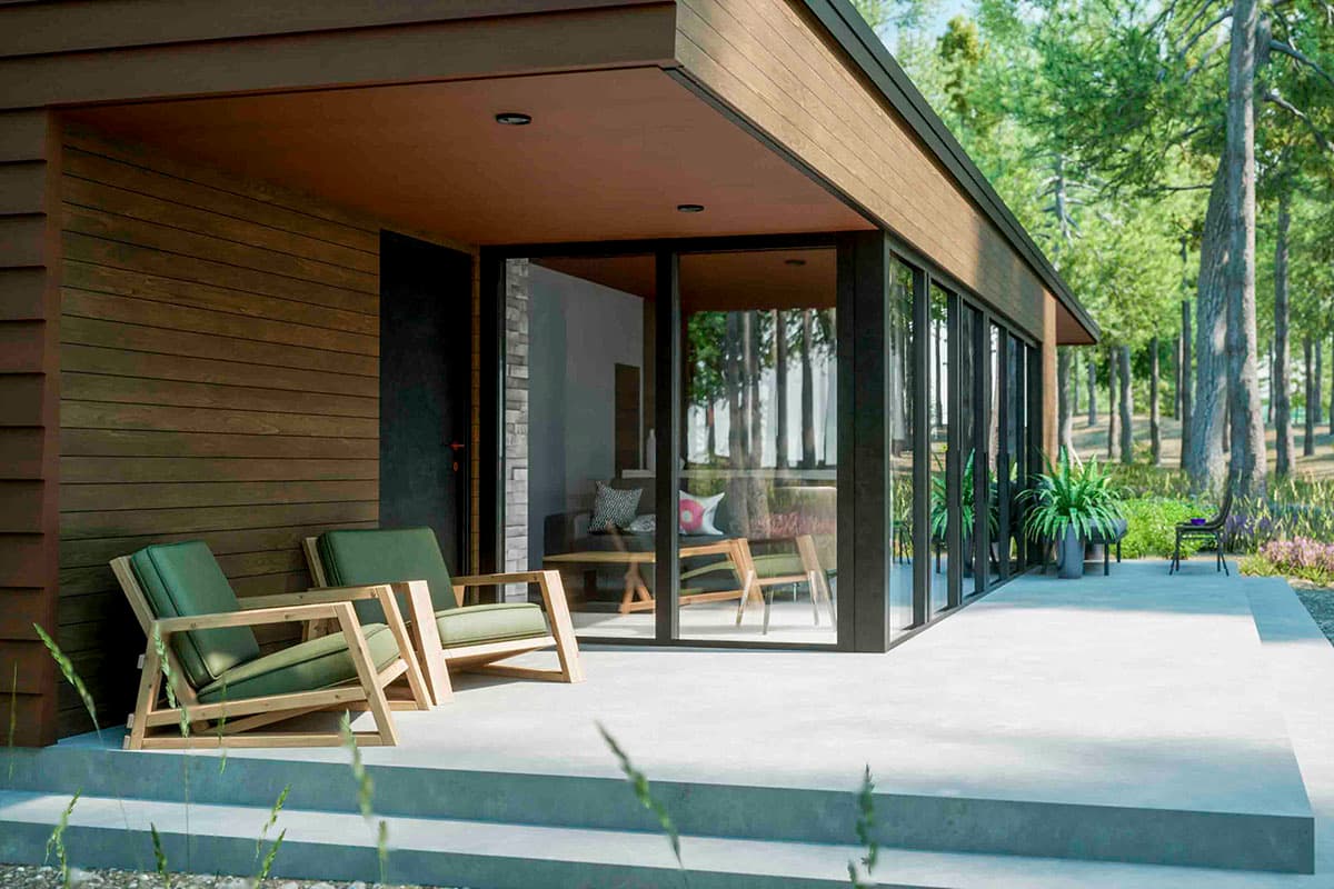 Plan 420055WNT: 2-Bed Modern Mountain Cabin with Glassed-in Living Room and 2-Car Garage - Image #5 - Cabin, Contemporary, Mid Century Modern, Modern, Mountain, New American, Ranch, Rustic