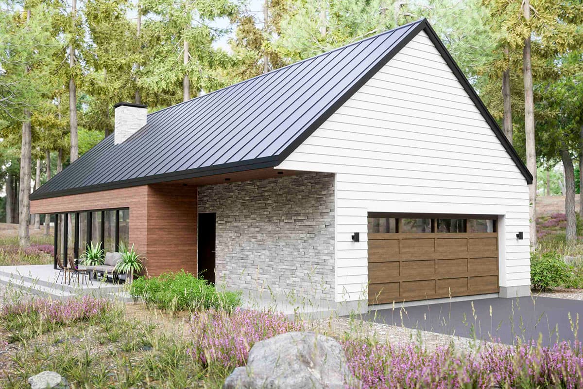 Plan 420055WNT: 2-Bed Modern Mountain Cabin with Glassed-in Living Room and 2-Car Garage - Image #9 - Cabin, Contemporary, Mid Century Modern, Modern, Mountain, New American, Ranch, Rustic