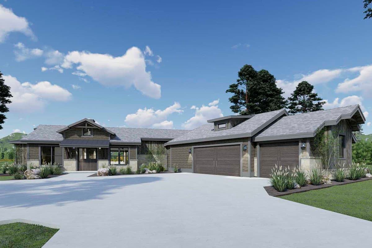 House plan exterior. Ranch style with a low-pitched roof, gabled roof, and attached garage. Stone and wood siding with a covered entry.