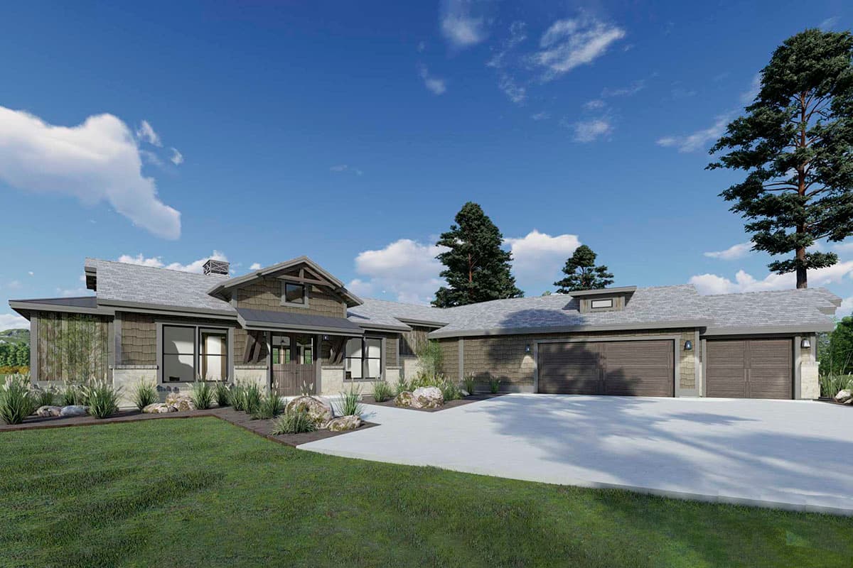 Modern Farmhouse house plan exterior with a covered entry, dormer, and attached three-car garage.