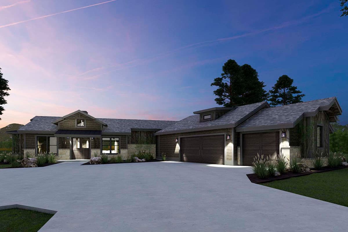 House plan exterior with a modern rustic style, featuring a single story, covered entry, gable dormer, and a three-car garage.