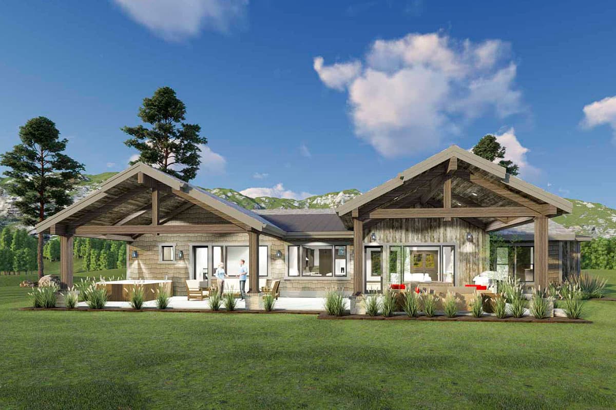House plan exterior: Ranch-style with large covered patios, exposed beams, and stone and wood siding.