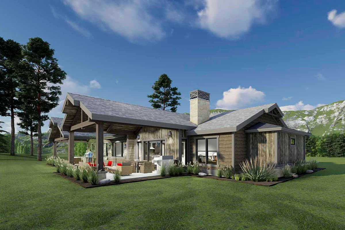 House plan exterior: Modern rustic ranch with covered patio, stone chimney, and natural wood siding.