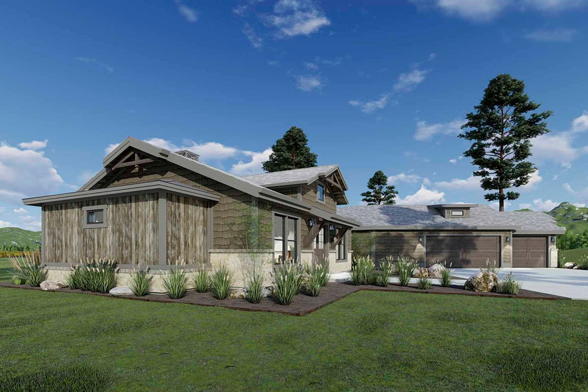 House plan exterior: Modern Rustic style with stone and wood siding, exposed rafters, gable roof, and a three-car garage.