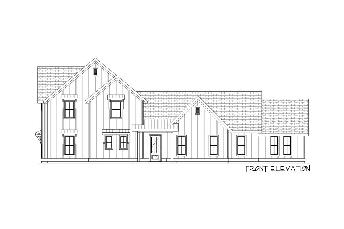 Front elevation drawing of a two-story house plan with gabled dormers, vertical siding, and a covered front porch.