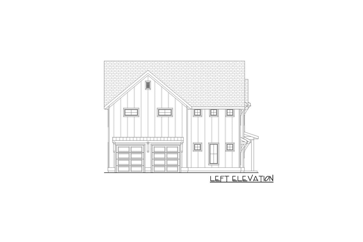 House plan left elevation showing a two-story structure with a gable roof, two garage doors, and multiple windows.