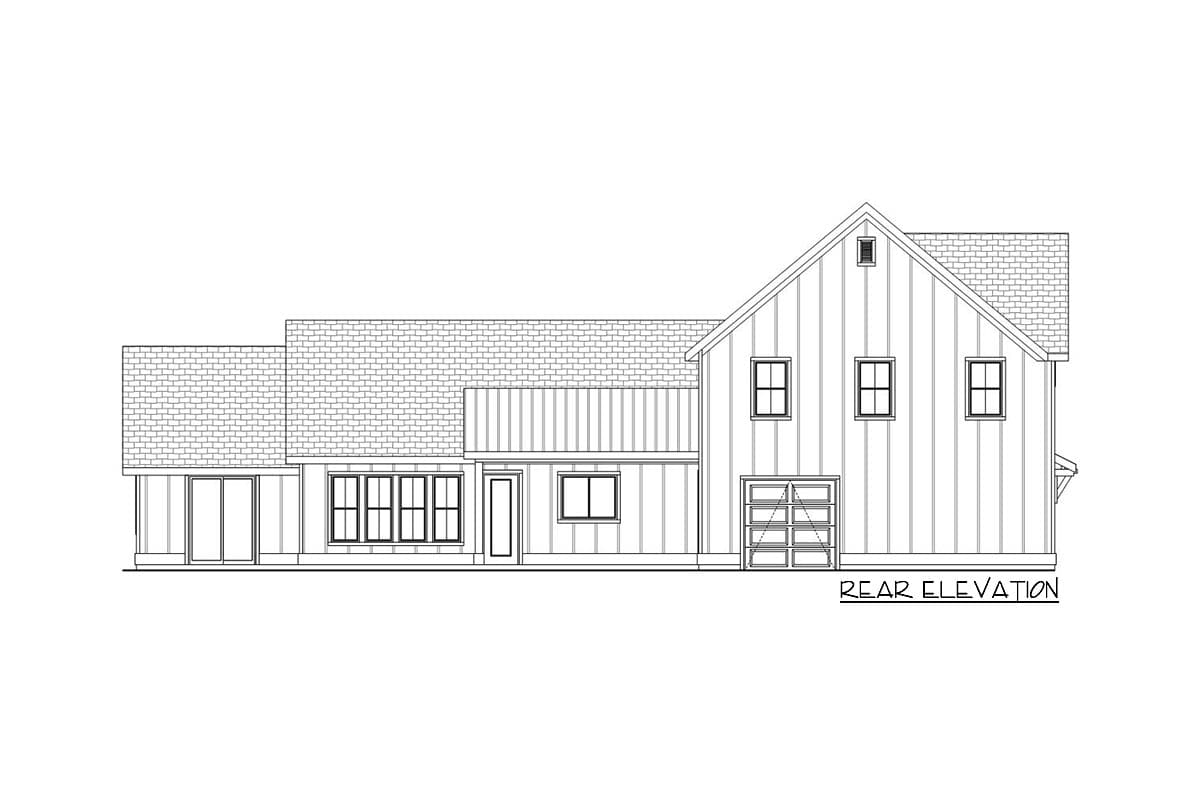 Rear elevation drawing of a two-story house plan with a gable roof, garage, and multiple windows.