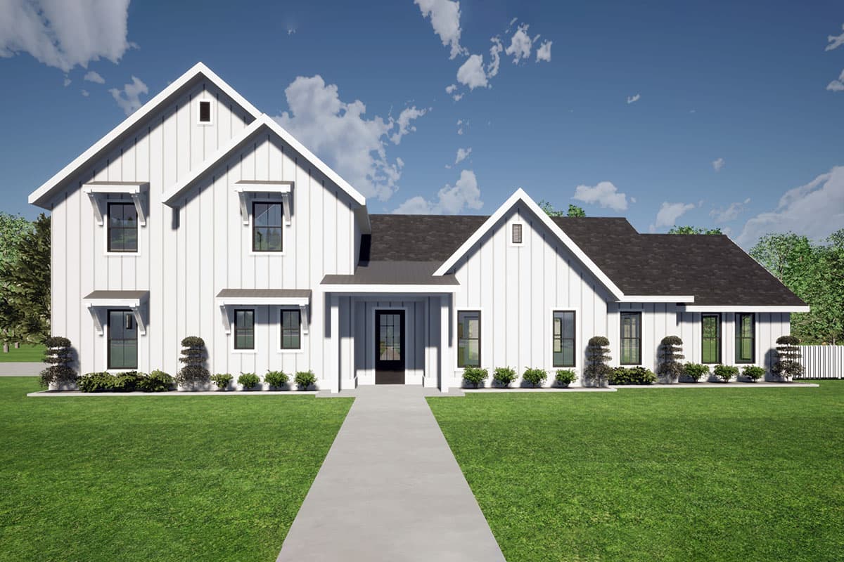 House plan exterior. Modern Farmhouse style, two-story home. Features include gable rooflines, shed-roof window awnings, and a covered front porch.