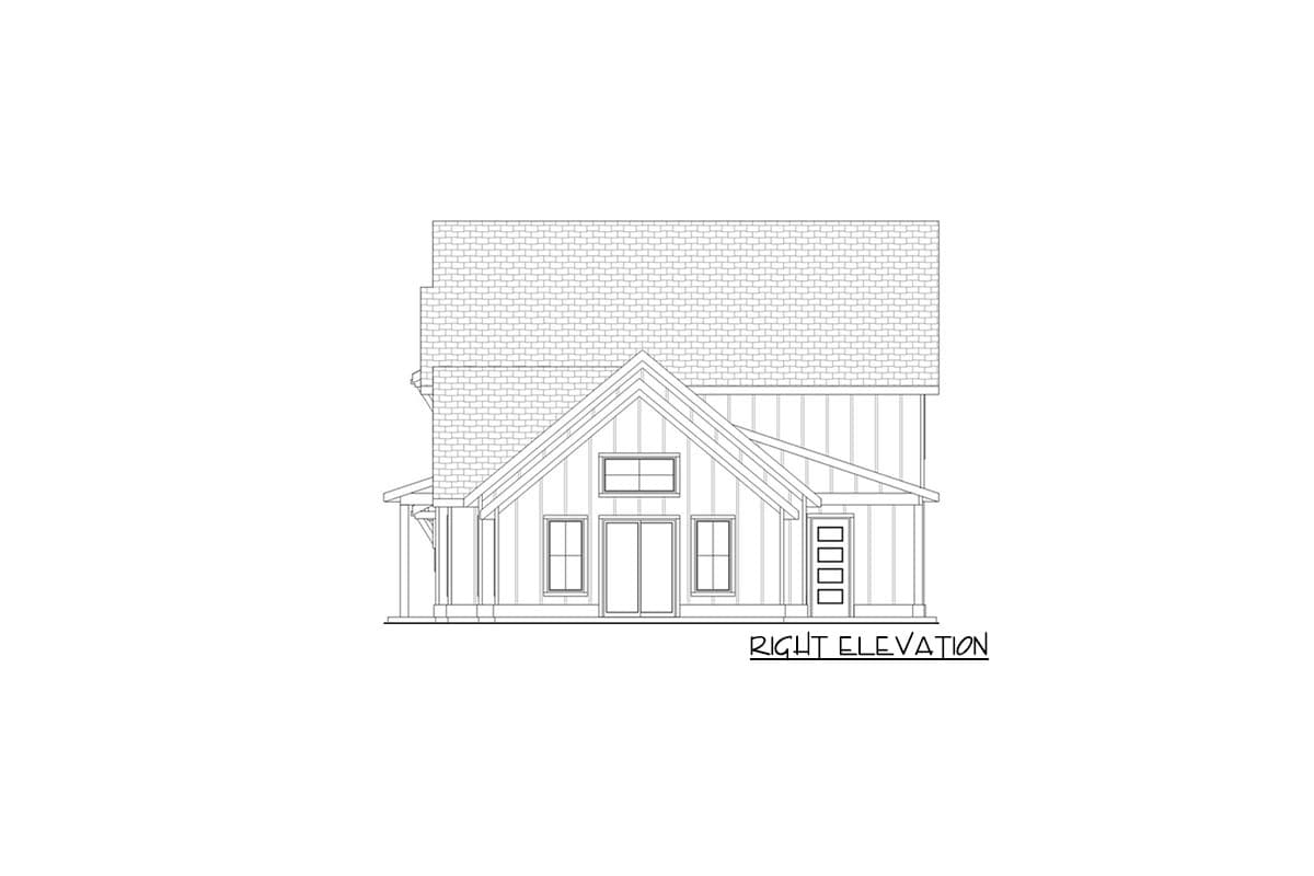 House plan right elevation with gabled roof, vertical siding, double doors, and one side door.