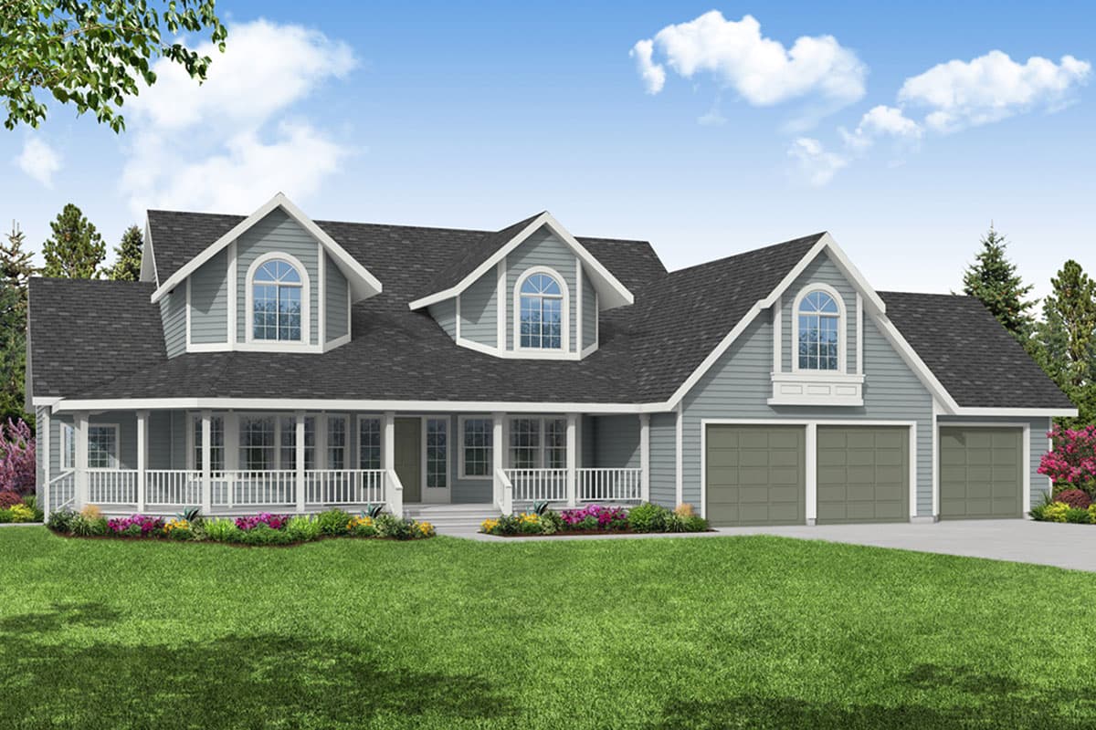 House plan exterior. Two-story, with a front porch, gabled roof, dormers, and an attached three-car garage.