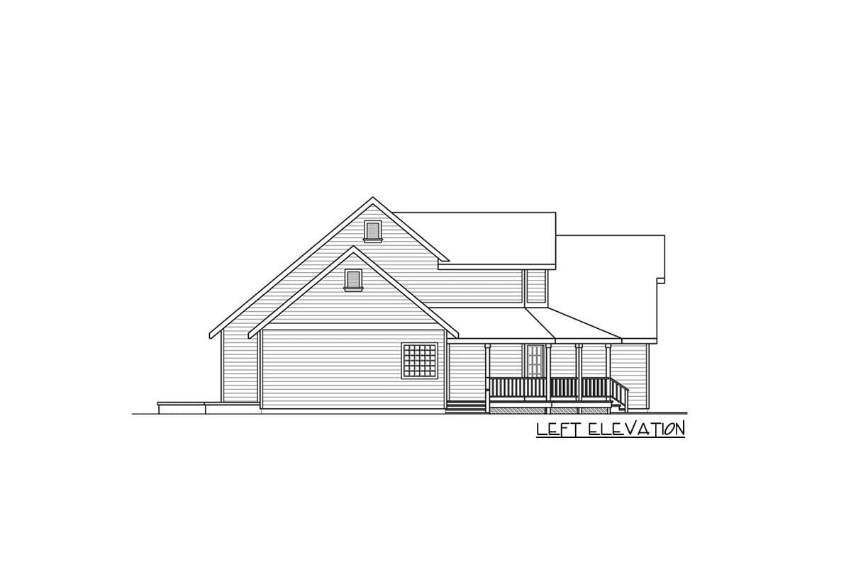 Left elevation house plan shows a two-story home with a prominent front porch and dormer windows.
