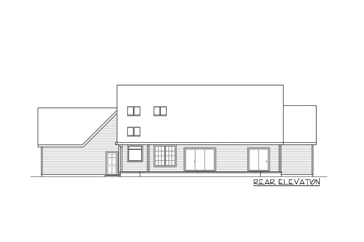 Rear elevation drawing of house plan showing siding, door, windows, and dormer windows.