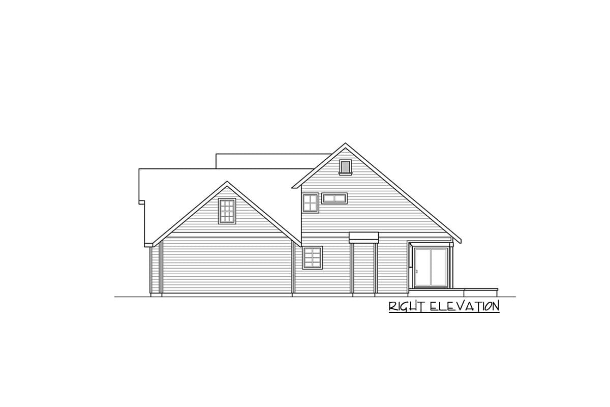 Right elevation drawing of a house plan featuring a main gable roof, dormer windows, and a sliding glass door leading to a deck.