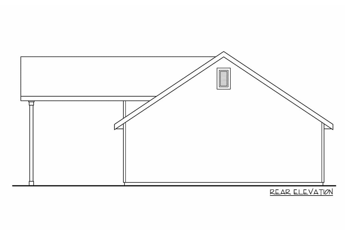 Rear elevation drawing of a house plan with a gable roof, a dormer window, and an attached covered area.