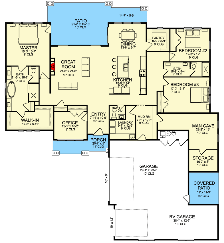 Plan 580031DFT: 3100 Square Foot House Plan with RV Garage and Man Cave - Floor Plan - Main Level - Craftsman, New American, Ranch, Traditional