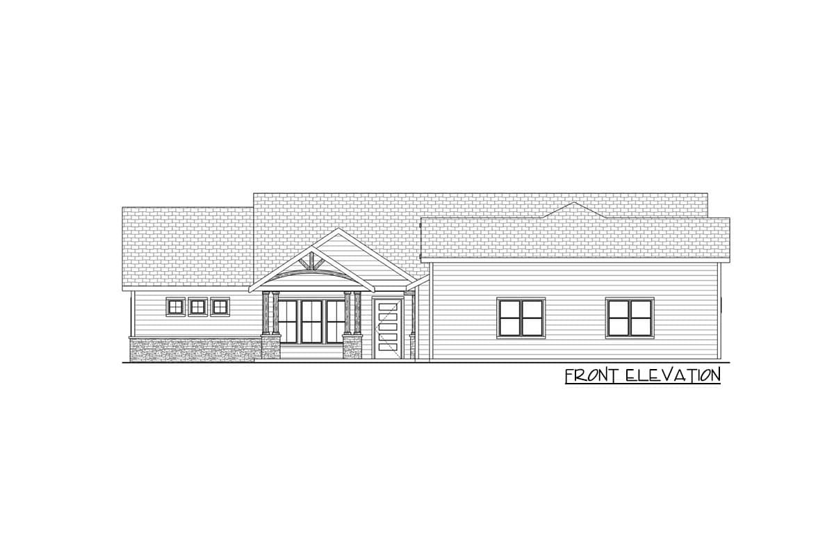 Front elevation drawing of a one-story house with a gabled entry porch, stone base, and varied rooflines.
