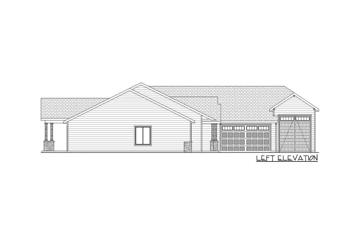 Left elevation house plan showing a single-story ranch-style home with a gable roof, two garage doors, and covered porch.