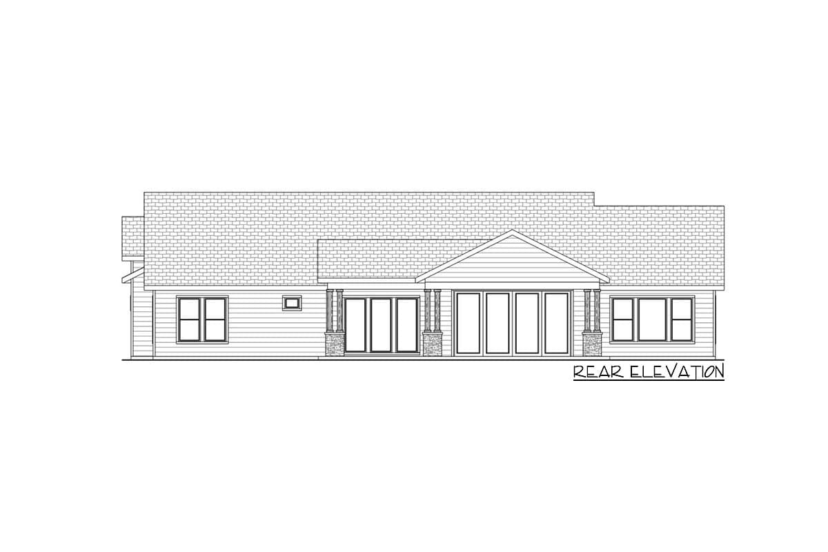 Rear elevation house plan with a gabled central section, covered porch with stone columns, and multiple windows.