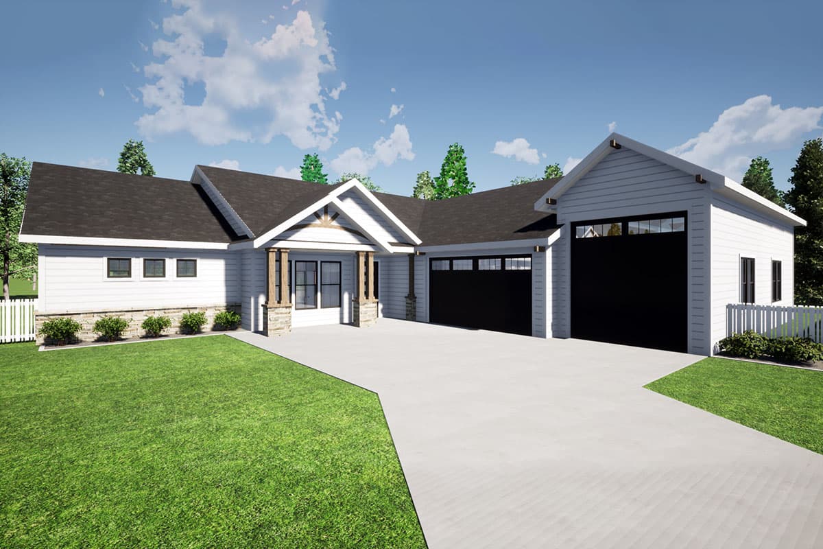 House plan exterior with Craftsman style, two stories, front porch with stone columns, gable roof, and three-car garage.