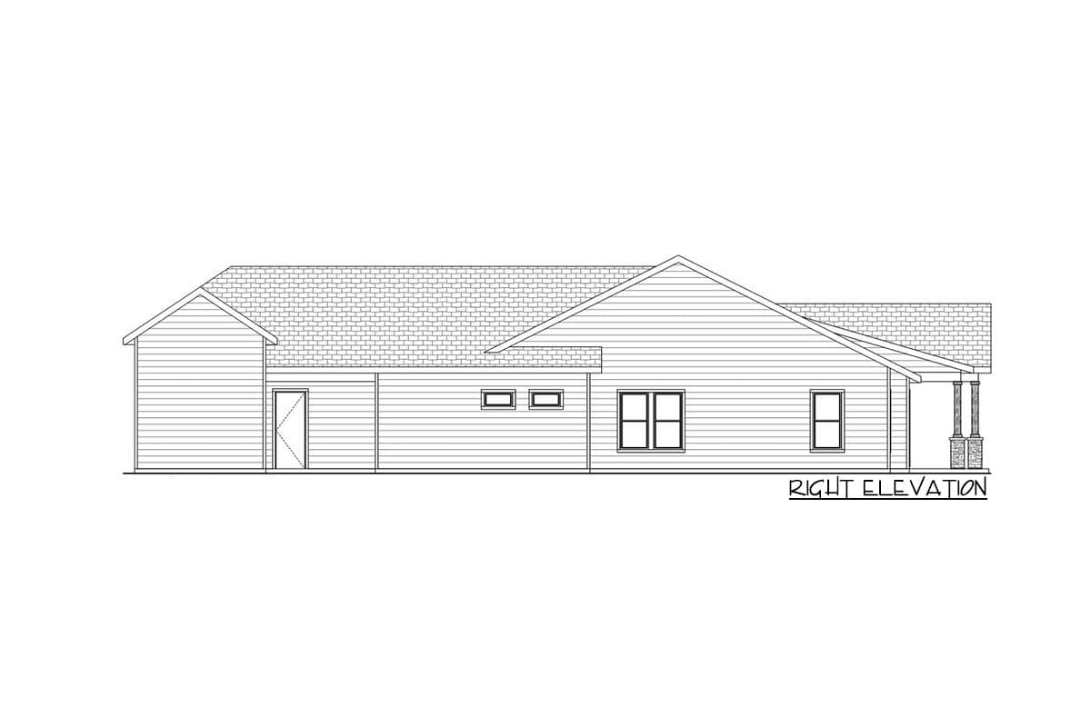 Right elevation drawing of a single-story house plan with gabled roof, entry door, windows, and covered porch with stone columns.