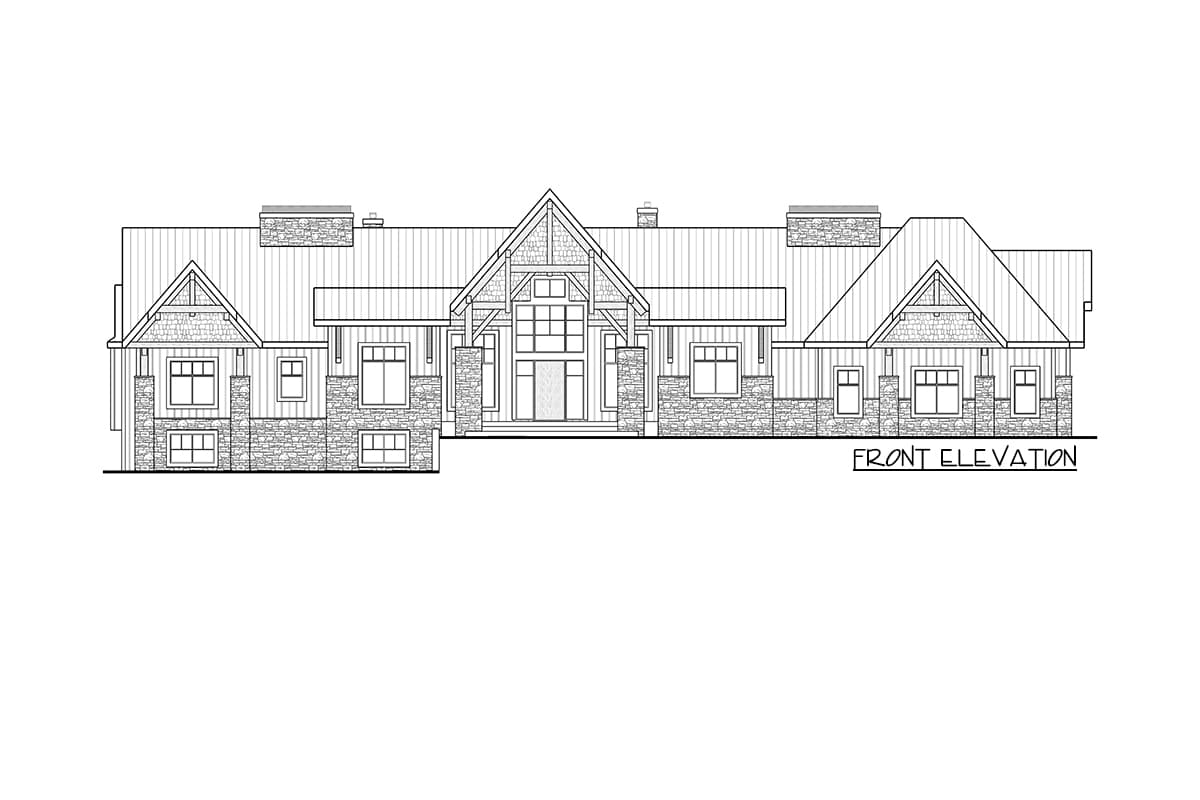 Front elevation drawing of a large house plan with a prominent gable entrance, stone accents, and multiple gables.