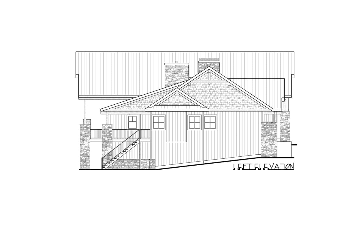Left elevation house plan showing stone accents, gabled dormer, multiple windows, and exterior stairs.