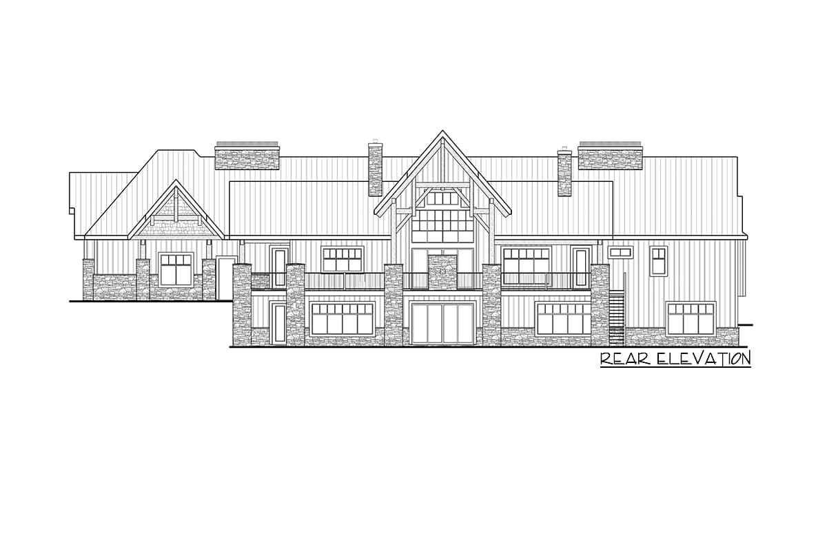 Rear elevation drawing of a house plan with stone accents, multiple gables, and a prominent central gable with large windows.