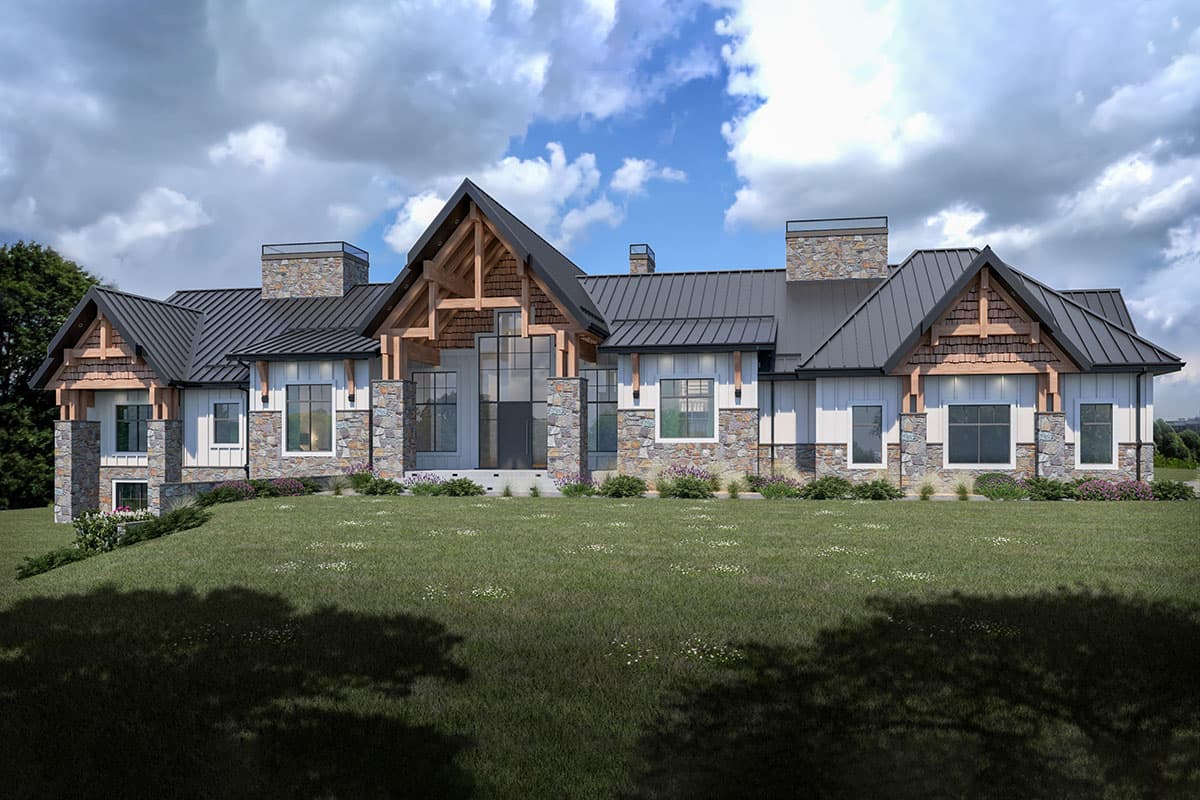 House plan exterior featuring a mixed material facade, gabled rooflines, stone accents, and timber-framed entry. One-story design with a metal roof.