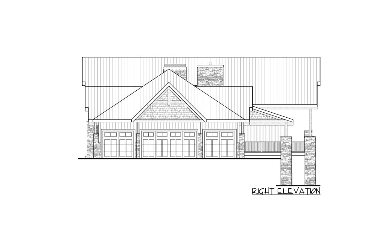 Right elevation house plan with three-car garage, stone accents, gable roof, and covered porch.