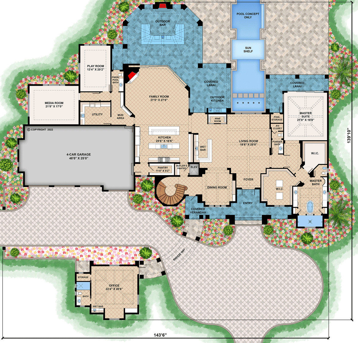 Plan 660005JMD: Luxury Coastal Contemporary House Plan with Private Office and Elevator - 7572 Sq Ft - Floor Plan - Main Level - Coastal, Coastal Contemporary, Florida-Style, Mediterranean