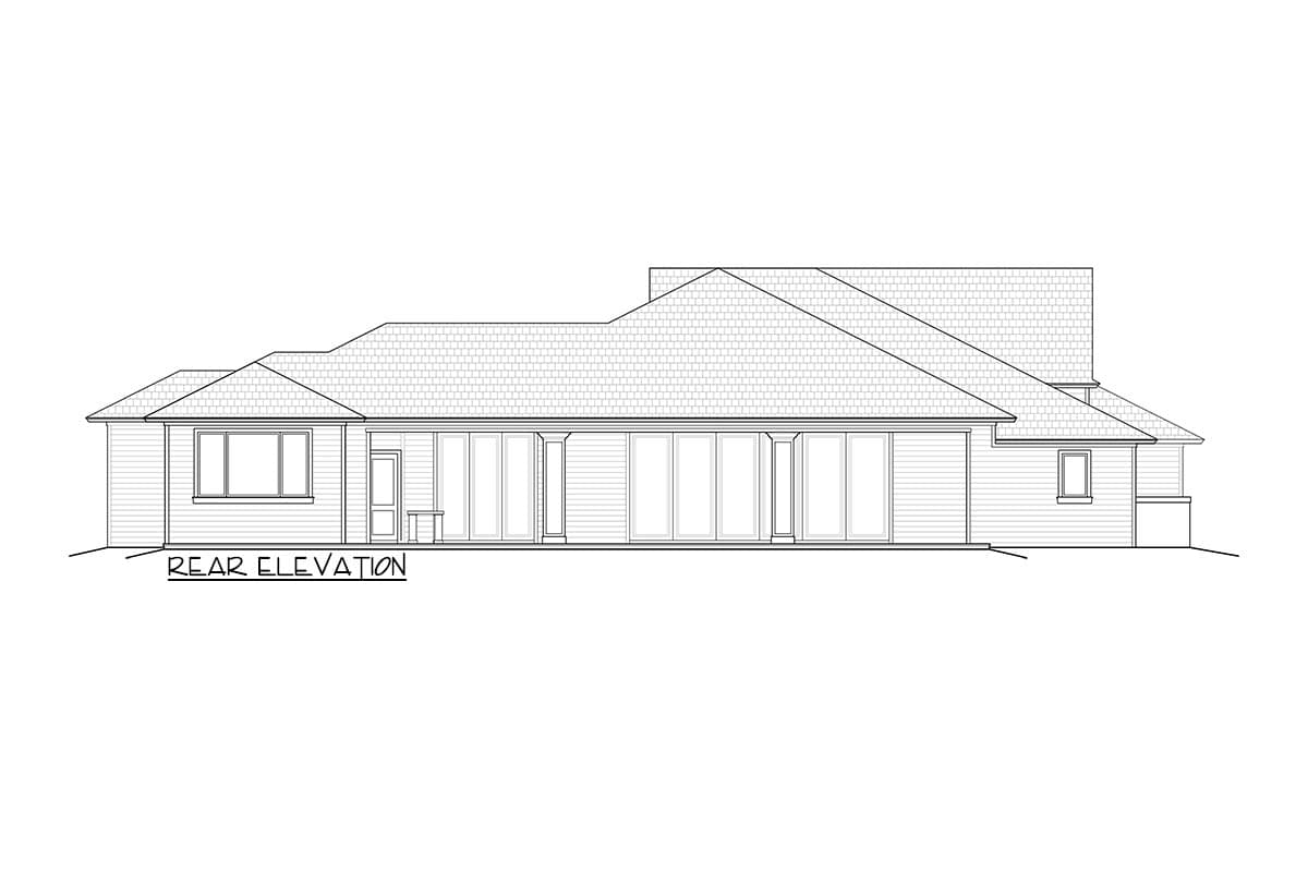 Rear elevation house plan with covered porch, multiple doors, and various rooflines.