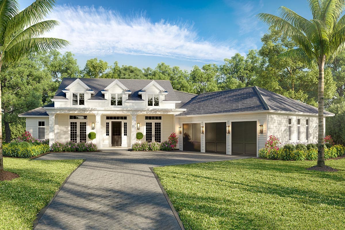 House plan exterior with two stories. Features include a front porch with columns, multiple dormers, and an attached garage.