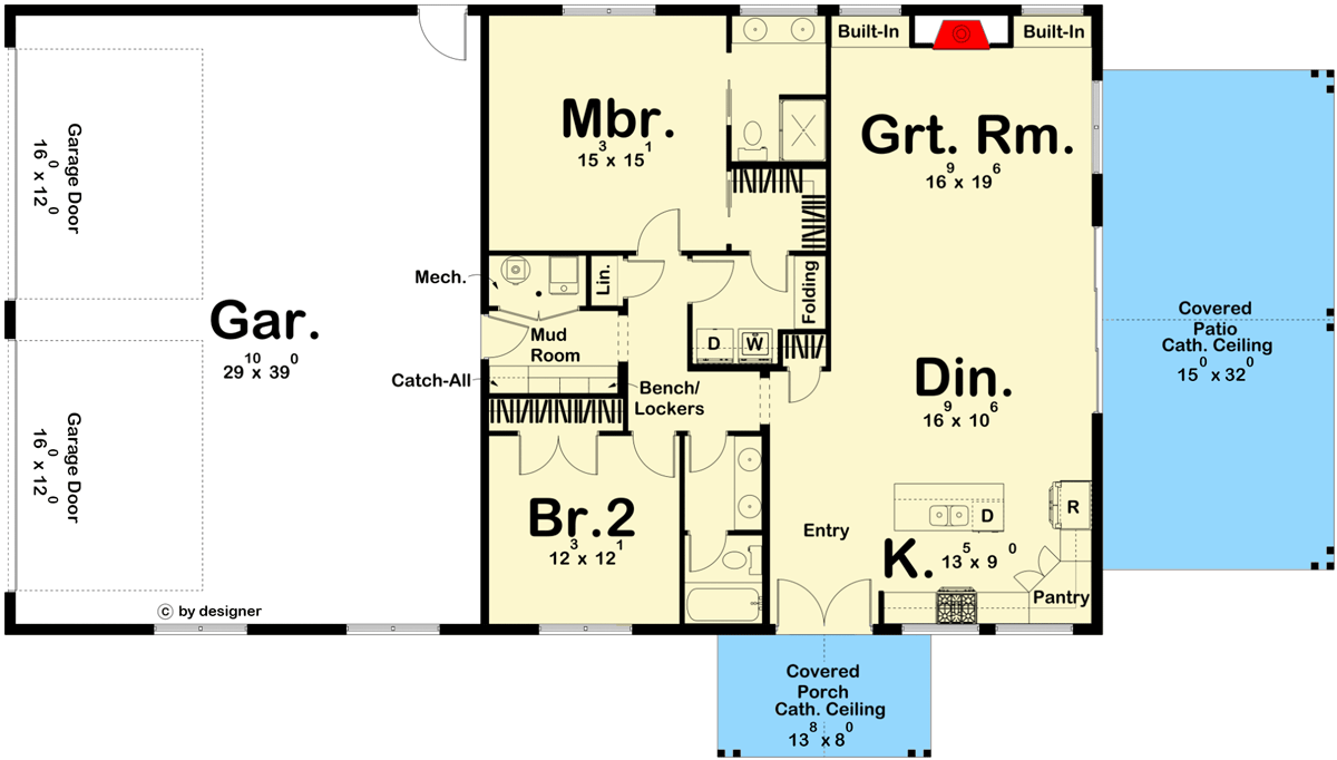 Plan 623137DJ: 1500 Sq Ft Barndominium-Style House Plan with 2-Beds and an Oversized Garage - Floor Plan - Main Level - Barndominium, Country, Craftsman, Ranch, Southern