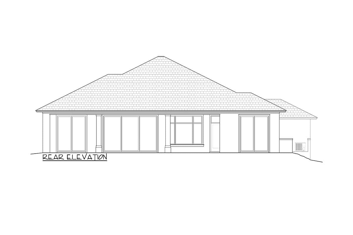 Rear elevation drawing of a house plan with a hip roof, multiple sliding glass doors, and a central window.